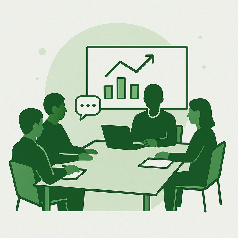 Personen sitzen um einen Besprechungstisch herum. Im Hintergrund ist ein Flipchart mit einem stilisierten Diagramm zu sehen.