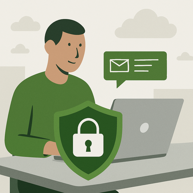 Eine Person sitzt vor ihrem Laptop und tippt eine E-Mail. Im Vordergrund ist ein Schutzschild, was ein Schloss zeigt.