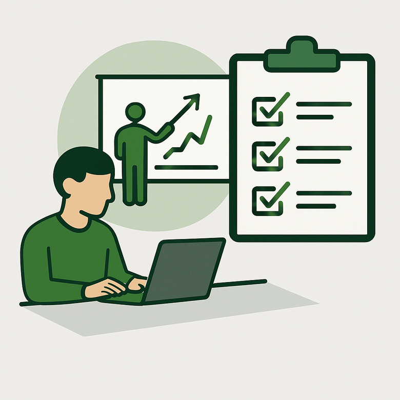 Illustration im Flat Design zeigt eine neutrale Person an einem Schreibtisch mit Laptop. Im Hintergrund sind eine grüne Präsentationstafel mit Diagramm sowie ein Klemmbrett mit Checkliste dargestellt. Die Szene symbolisiert Schulung, Training und struktur